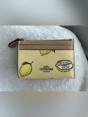 Coach Yellow Lemon Print Zip Card Case with Tan Trim